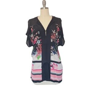 Bebe Womens Black 100% Silk Floral Oriental Tunic‎ Top Short Sleeve Small 60AAC
